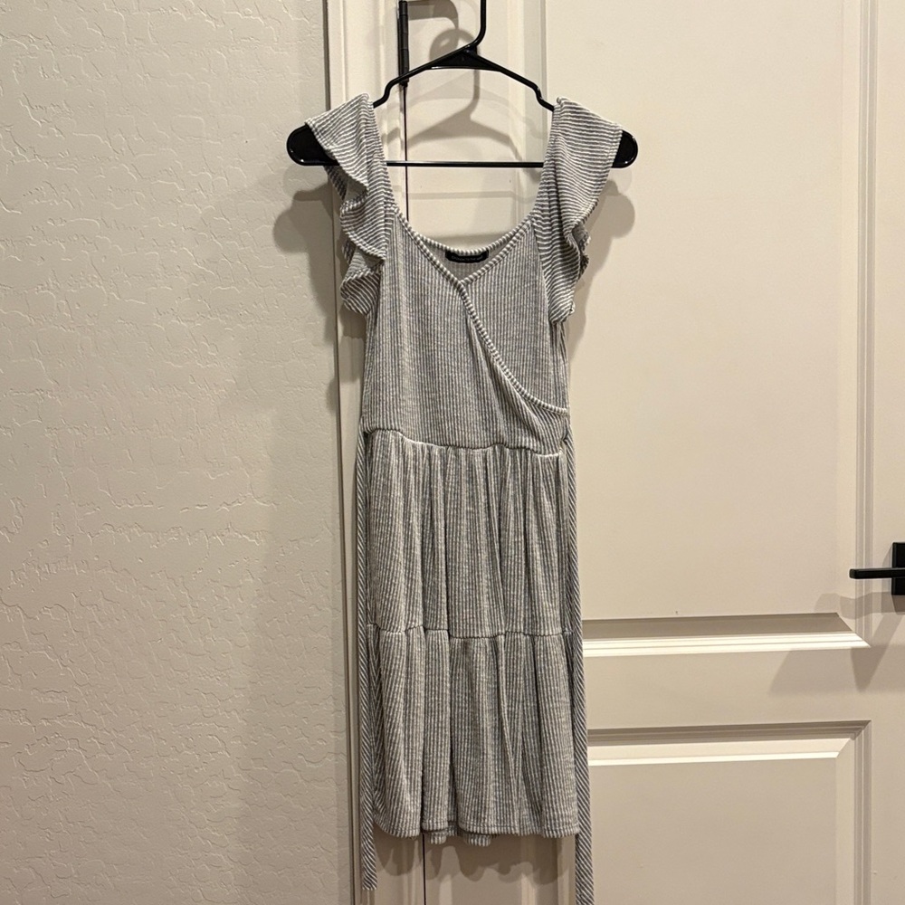 Caution To The Wind Gray Ruffle Midi Dress